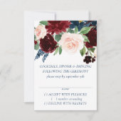 Boho Blooms | Rustikales Navy Blue und Burgund Wre RSVP Karte (Vorderseite)