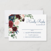 Boho Blooms | Rustische Marine und Burgund Bouquet RSVP Karte (Vorderseite)