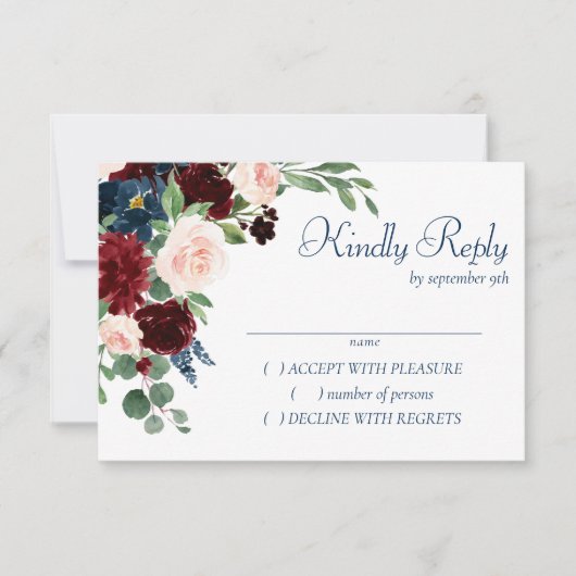 Boho Blooms | Rustische Marine und Burgund Bouquet RSVP Karte (Vorderseite)