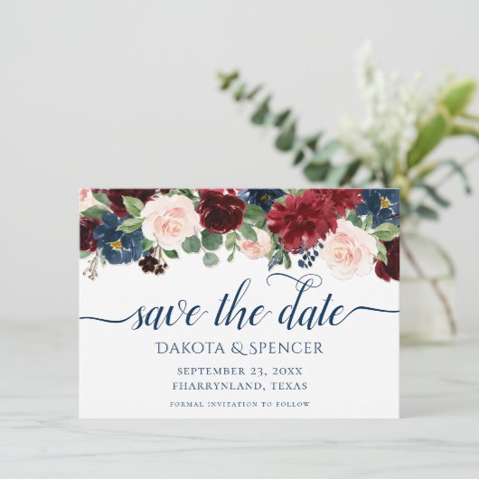 Boho Blooms | Rustische Marine und Burgund Garland Save The Date (Stehend Vorderseite)