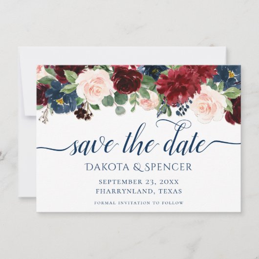 Boho Blooms | Rustische Marine und Burgund Garland Save The Date (Vorderseite)