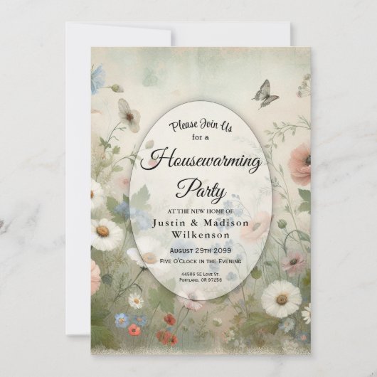 Boho Blooms und Vintage Blüten Häuserwärmung Einladung (Vorderseite)