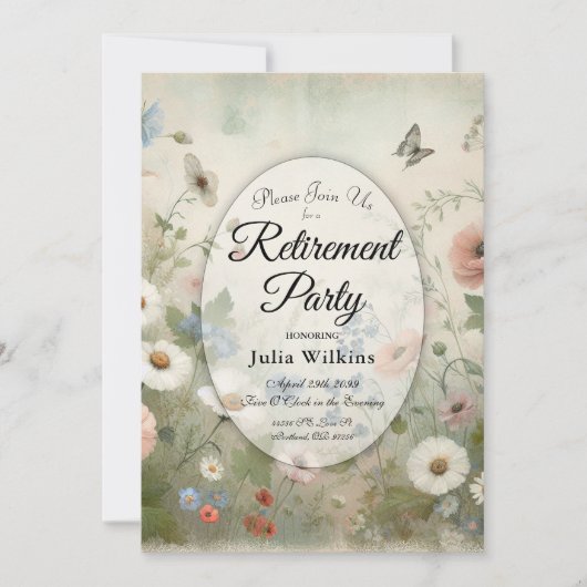 Boho Blooms und Vintage Blüten Renten-Party Einladung (Vorderseite)