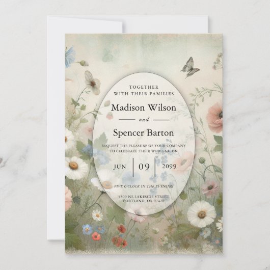 Boho Blooms und Vintage Vows Hochzeit Einladung (Vorderseite)