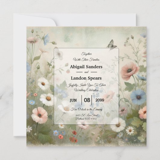 Boho Blooms und Vintage Vows Hochzeit Einladung (Vorderseite)