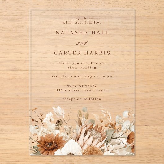 Boho Blooms Wedding Acryleinladungen (Vorderseite)