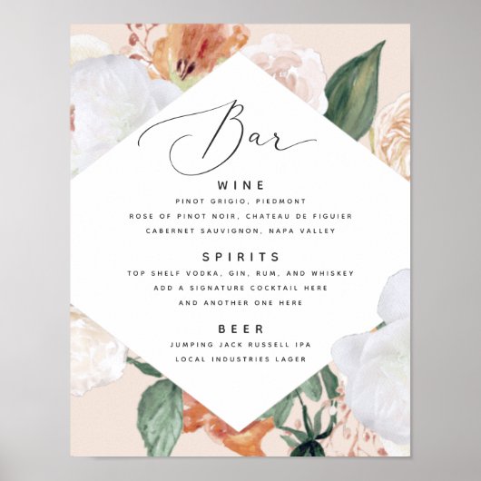 Boho Blooms Wedding Bar Menu Sign Poster (Vorne)