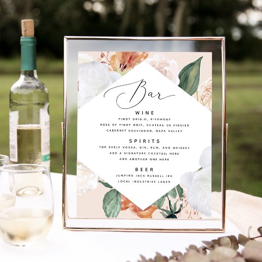 Boho Blooms Wedding Bar Menu Sign Poster