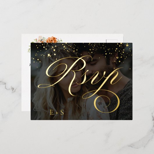 Boho Bloral Orange und Blush Pink Foto Hochzeit Folie Einladungspostkarte (Vorderseite/Rückseite)