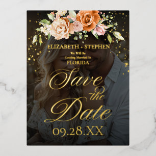 Boho Bloral Orange und Blush Pink Foto Hochzeit Folie Einladungspostkarte