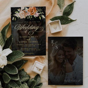 Boho Bloral Orange und Blush Pink Foto Hochzeit Folieneinladung