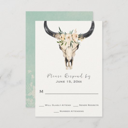 Boho Bloral Skull mit Light Turquoise Wedding RSVP Karte (Vorne/Hinten)