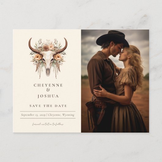 Boho Bloral Skull Western Hochzeit Speichern Sie d Postkarte (Vorderseite)