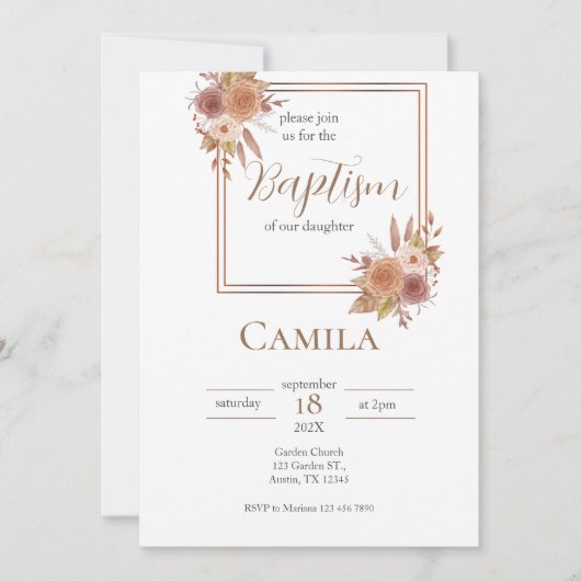 Boho Bloral Taufe für Mädchen auf Spanisch Einladung (Vorderseite)