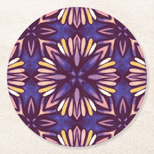 Boho Blossom: Lila künstlerisches Muster Runder Pappuntersetzer (Vorderseite)