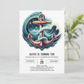 Boho Blue Anchor Birthday Einladung (Stehend Vorderseite)