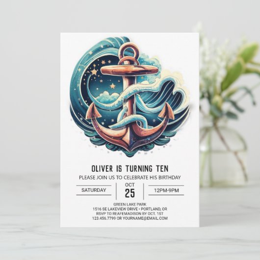 Boho Blue Anchor Birthday Einladung (Stehend Vorderseite)