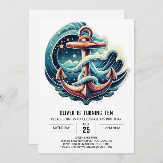 Boho Blue Anchor Birthday Einladung (Vorne/Hinten)