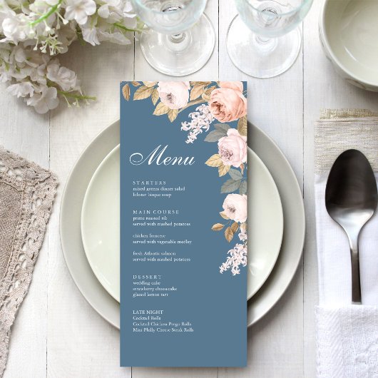 Boho Blue and Blush Peonies Wedding Menu Card Menükarte