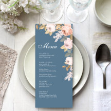 Boho Blue and Blush Peonies Wedding Menu Card