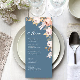 Boho Blue and Blush Peonies Wedding Menu Card Menükarte