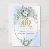 Boho Blue and gold peony floral chic 60th birthday Einladung (Vorderseite)