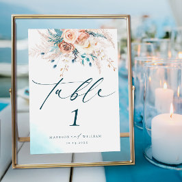 Boho Blue Beach Floral Wedding Tischnummer