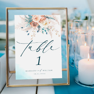 Boho Blue Beach Floral Wedding Tischnummer