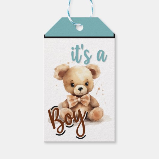 Boho Blue Bear Baby Dusche Geschenkanhänger (Vorderseite)