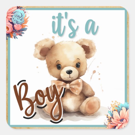 Boho Blue Bear Baby Dusche Quadratischer Aufkleber (Vorderseite)