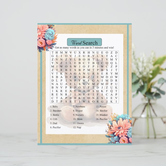 Boho Blue Bear Baby Shooter Word Search Game (Stehend Vorderseite)