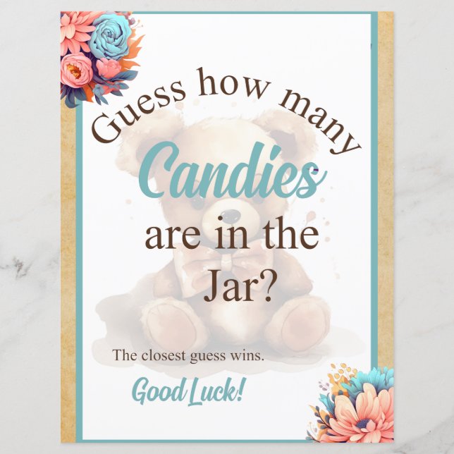 Boho Blue Bear Baby Shower Candy Jar Game (Vorderseite)