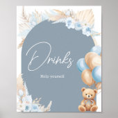 Boho Blue Bear Balloon Baby Shower Drinks Poster (Vorne)