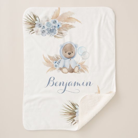 Boho Blue Bear New Baby Boy Sherpa Blanket Sherpadecke (Vorderseite)