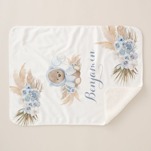 Boho Blue Bear New Baby Boy Sherpa Blanket Sherpadecke (Vorderseite (Horizontal))