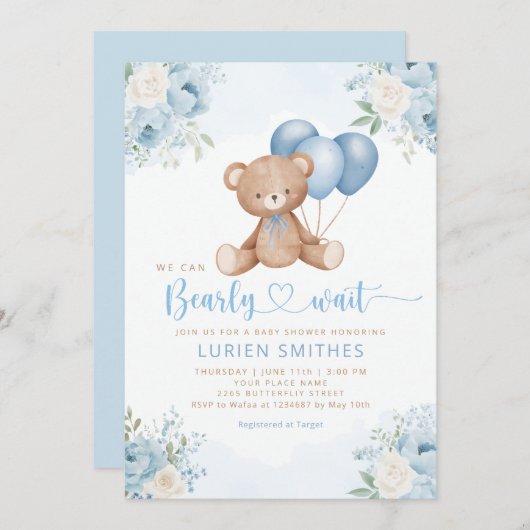 Boho Blue Bearly Wait Teddy Bear Boy Babydusche Einladung (Vorne/Hinten)