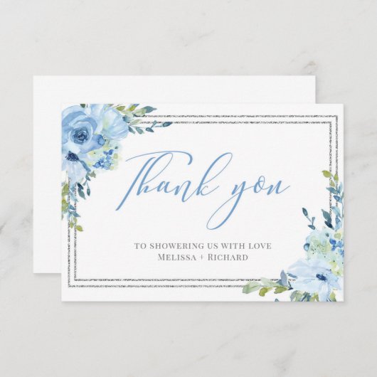 Boho Blue Blumendusche Silber Babydusche Dankeschö Begleitkarte (Vorne/Hinten)
