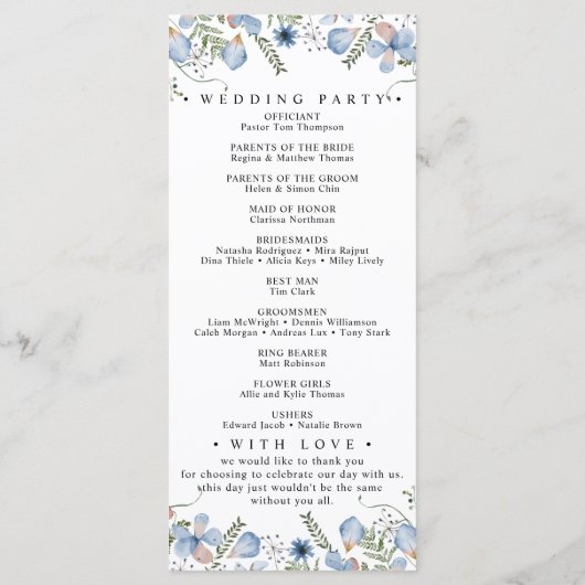 Boho Blue Botanical Wedding Program Menükarte (Rückseite)