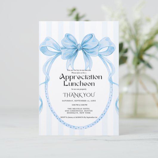 Boho blue  Bow appreciation party grateful party  Einladung (Stehend Vorderseite)