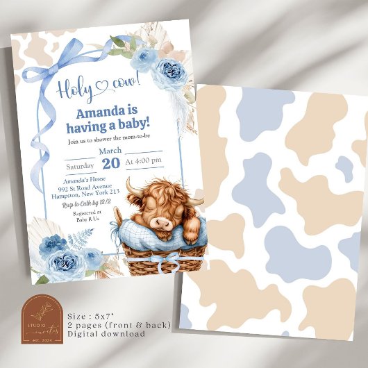 Boho Blue Bow Highland Cow Baby Shower Einladung