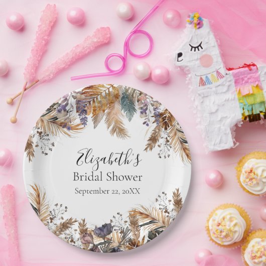 Boho Blue Brown Botanical Palm Pampas Grass Bridal Pappteller (Party)