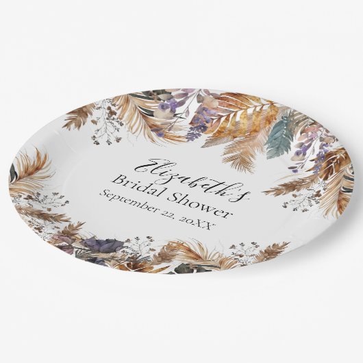 Boho Blue Brown Botanical Palm Pampas Grass Bridal Pappteller (Schrägansicht)