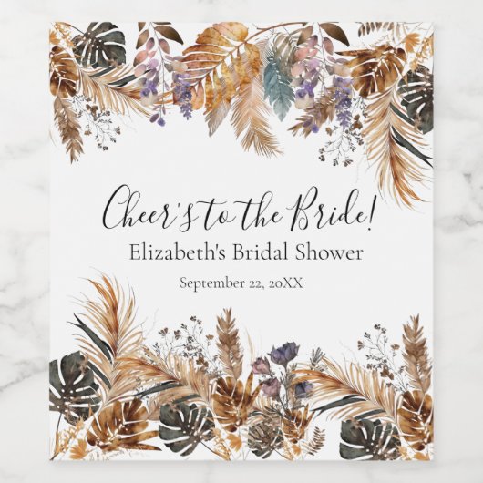 Boho Blue Brown Botanical Palm Pampas Grass Bridal Weinetikett (Einzelnes Label)