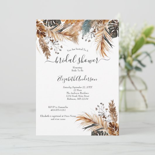 Boho Blue Brown Pampas Grass Palm Blätter Bridal S Einladung (Stehend Vorderseite)