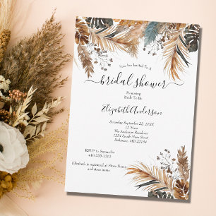 Boho Blue Brown Pampas Grass Palm Blätter Bridal S Einladung