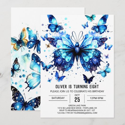 Boho Blue Butterfly Boy Birthday Einladung (Vorne/Hinten)