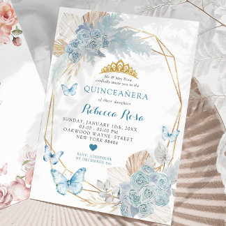 Boho Blue Butterfly Geometric Quinceañera Einladung