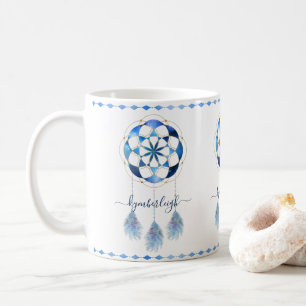 Boho Blue Celestial Mandala Dreamcatcher Monogram Kaffeetasse
