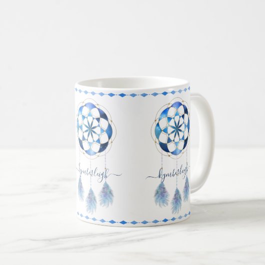Boho Blue Celestial Mandala Dreamcatcher Monogram Kaffeetasse (VorderseiteRechts)