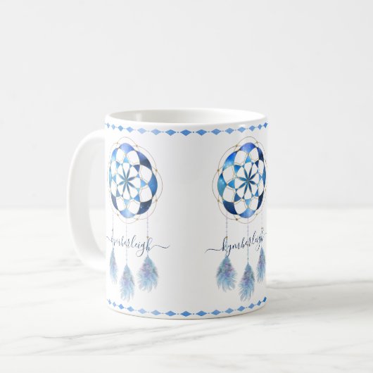 Boho Blue Celestial Mandala Dreamcatcher Monogram Kaffeetasse (Vorderseite Links)